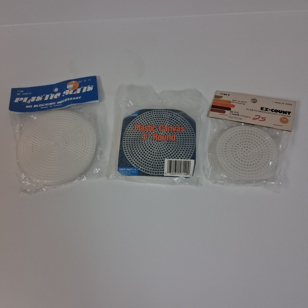 3 (30) Vintage Round Plastic Canvas Discs 3" & 4" Crochet Needlepoint NOS Retro